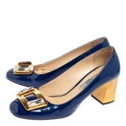 Pre Owned Prada Blue Patent Leather Crystal Buckle Block Heel Pumps Size 36