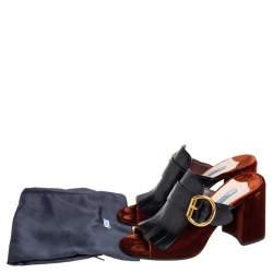 Pre Owned Prada Black/Brown Velvet and Leather Kiltie Mule Sandals Size 38.5