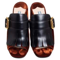 Pre Owned Prada Black/Brown Velvet and Leather Kiltie Mule Sandals Size 38.5