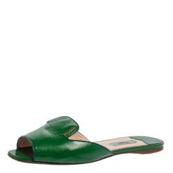 Pre Owned Prada Green Patent Saffiano Leather Flat Slides Size 38