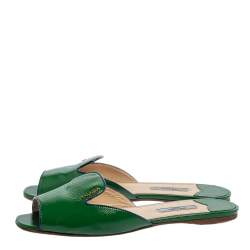 Pre Owned Prada Green Patent Saffiano Leather Flat Slides Size 38