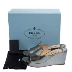Pre Owned Prada Silver Patent Leather Peep Toe Platform Wedge Slides Size 39.5