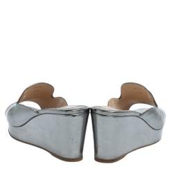 Pre Owned Prada Silver Patent Leather Peep Toe Platform Wedge Slides Size 39.5