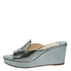 Pre Owned Prada Silver Patent Leather Peep Toe Platform Wedge Slides Size 39.5