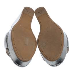 Pre Owned Prada Silver Patent Leather Peep Toe Platform Wedge Slides Size 39.5