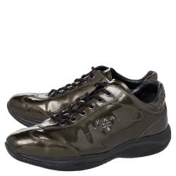 Pre Owned Prada Olive Green Patent Leather Low Top Sneakers Size 38