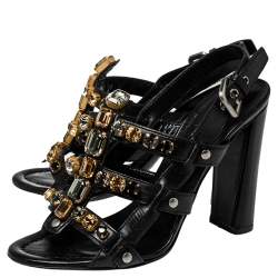 Pre Owned Prada Black Leather Crystal Embellished T Strap Sandals Size 37