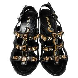 Pre Owned Prada Black Leather Crystal Embellished T Strap Sandals Size 37