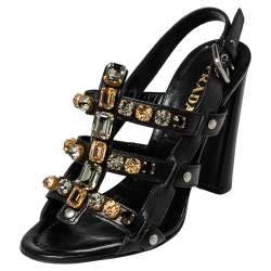 Pre Owned Prada Black Leather Crystal Embellished T Strap Sandals Size 37