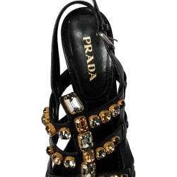 Pre Owned Prada Black Leather Crystal Embellished T Strap Sandals Size 37