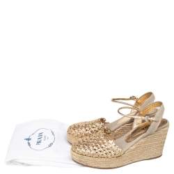 Pre Owned Prada Gold Woven Leather Wedge Platform Espadrille Sandals Size 38.5