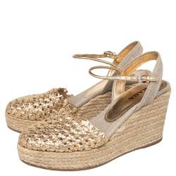 Pre Owned Prada Gold Woven Leather Wedge Platform Espadrille Sandals Size 38.5