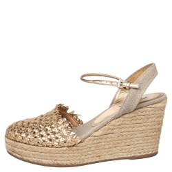 Pre Owned Prada Gold Woven Leather Wedge Platform Espadrille Sandals Size 38.5