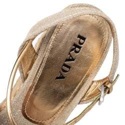 Pre Owned Prada Gold Woven Leather Wedge Platform Espadrille Sandals Size 38.5