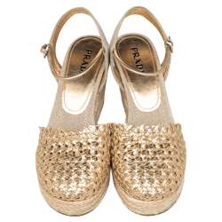 Pre Owned Prada Gold Woven Leather Wedge Platform Espadrille Sandals Size 38.5