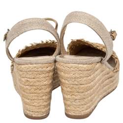 Pre Owned Prada Gold Woven Leather Wedge Platform Espadrille Sandals Size 38.5