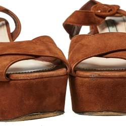 Pre Owned Prada Brown Suede Criss Cross Platform Ankle Strap Sandals Size 38.5