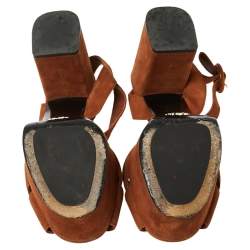 Pre Owned Prada Brown Suede Criss Cross Platform Ankle Strap Sandals Size 38.5