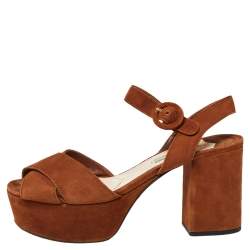 Pre Owned Prada Brown Suede Criss Cross Platform Ankle Strap Sandals Size 38.5