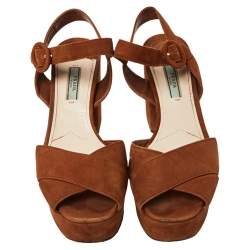 Pre Owned Prada Brown Suede Criss Cross Platform Ankle Strap Sandals Size 38.5
