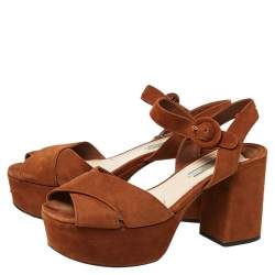 Pre Owned Prada Brown Suede Criss Cross Platform Ankle Strap Sandals Size 38.5