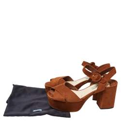 Pre Owned Prada Brown Suede Criss Cross Platform Ankle Strap Sandals Size 38.5