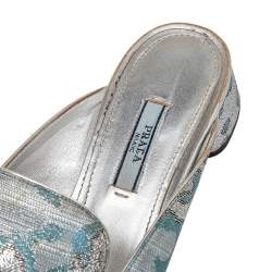 Pre Owned Prada Blue/Silver Brocade Fabric And Leather Crystal Buckle Mules Sandals Size 39.5