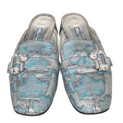 Pre Owned Prada Blue/Silver Brocade Fabric And Leather Crystal Buckle Mules Sandals Size 39.5