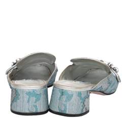 Pre Owned Prada Blue/Silver Brocade Fabric And Leather Crystal Buckle Mules Sandals Size 39.5