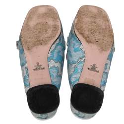 Pre Owned Prada Blue/Silver Brocade Fabric And Leather Crystal Buckle Mules Sandals Size 39.5