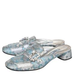 Pre Owned Prada Blue/Silver Brocade Fabric And Leather Crystal Buckle Mules Sandals Size 39.5
