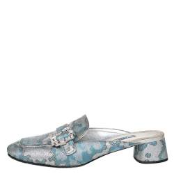 Pre Owned Prada Blue/Silver Brocade Fabric And Leather Crystal Buckle Mules Sandals Size 39.5