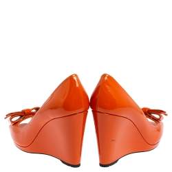 Pre Owned Prada Orange Patent Leather Bow Peep Toe Wedge Pumps Size 39.5
