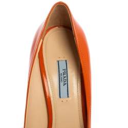 Pre Owned Prada Orange Patent Leather Bow Peep Toe Wedge Pumps Size 39.5