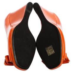 Pre Owned Prada Orange Patent Leather Bow Peep Toe Wedge Pumps Size 39.5