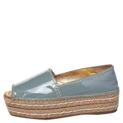 Pre Owned Prada Pastel Blue Patent Leather Platform Espadrille Flats Size 37
