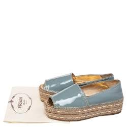Pre Owned Prada Pastel Blue Patent Leather Platform Espadrille Flats Size 37