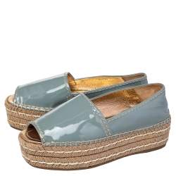 Pre Owned Prada Pastel Blue Patent Leather Platform Espadrille Flats Size 37