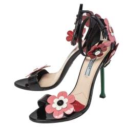 Pre Owned Prada Multicolor Floral Appliqué Patent Leather Ankle Strap Sandals Size 38