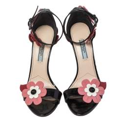 Pre Owned Prada Multicolor Floral Appliqué Patent Leather Ankle Strap Sandals Size 38