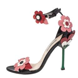 Pre Owned Prada Multicolor Floral Appliqué Patent Leather Ankle Strap Sandals Size 38