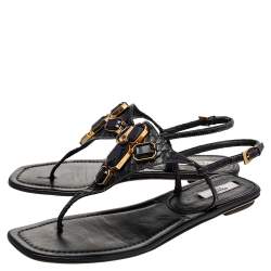 Prada Black Python Embellished Thong Flat Sandals Size 38