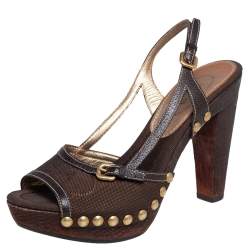 Pre Owned Prada Brown Fabric and Leather Trim Studded Wooden Platform Sandals Size 38