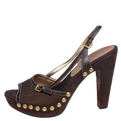 Pre Owned Prada Brown Fabric and Leather Trim Studded Wooden Platform Sandals Size 38