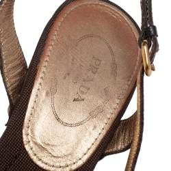 Pre Owned Prada Brown Fabric and Leather Trim Studded Wooden Platform Sandals Size 38