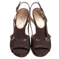Pre Owned Prada Brown Fabric and Leather Trim Studded Wooden Platform Sandals Size 38