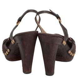 Pre Owned Prada Brown Fabric and Leather Trim Studded Wooden Platform Sandals Size 38