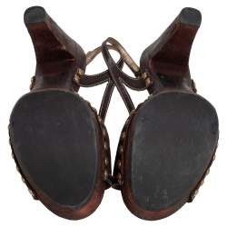 Pre Owned Prada Brown Fabric and Leather Trim Studded Wooden Platform Sandals Size 38