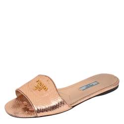 Pre Owned Prada Metallic Rose Gold Snakeskin Logo Slide Flats Size 37.5