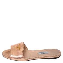 Pre Owned Prada Metallic Rose Gold Snakeskin Logo Slide Flats Size 37.5